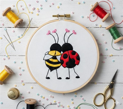 Bee & Ladybug Hug Embroidery Pattern, Insects Love Hand Embroidery PDF - Etsy