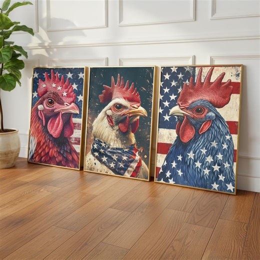 Patriotic Chicken 4th July Wall Art Set of 3, 4th of July Rooster Prints, American Flag Farmhouse, USA Chicken , Independence Day Wall Print - Etsy