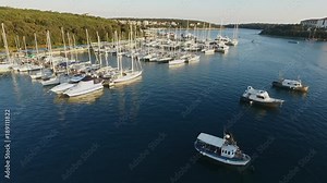 Drone Footage Of Boats Moored, Yachts and Ships in Marine. Sailboats docket in Port at Pula Croatia.