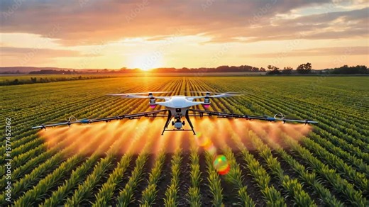 Smart Agricultural Drone Spraying Crops at Sunset – Precision Farming and Modern Agriculture Technology 4K