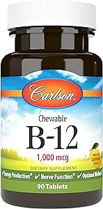 Carlson - Chewable B-12, 1000 mcg, Energy Production & Nerve Function, Optimal Wellness, Lemon, 90 Tablets