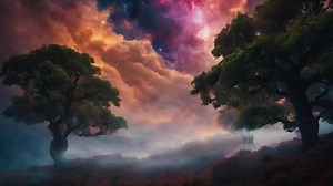 Download A digital artwork of clouds floating above mountains and trees, a dreamy, cinematic fantasy scene, where the glowing sky and serene atmosphere invite the viewer into a grand animated landscape. for free