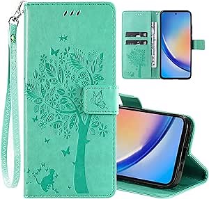 for Galaxy A35 5G Phone Case Wallet,Women Flip Folio Cover with Credit Card Holders Embossed Tree Cat Flower PU Leather Kickstand Wrist Strap Purse Pocket Case for Samsung Galaxy A35 5G Teal