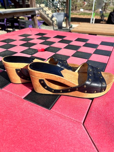 MICHAEL KORS Black Leather Cut Out Wooden Wedges Clogs Slip on Sandals Mules - Etsy