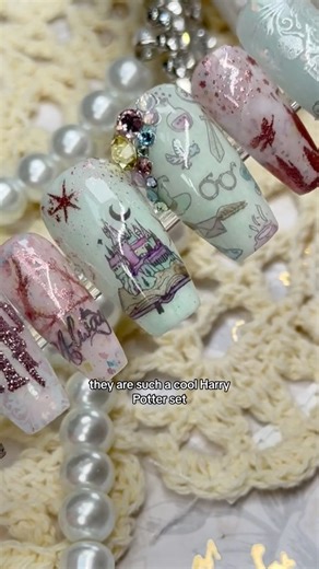 Whimsical Harry potter set of press on nails for this client! Get started with your own nail art designed by me by ordering a nail sizing chart! FREE shipping on all nail sizing charts! | Talia's Nail Studio