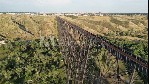 Aerial drone footage over the Lethbridge Viaduct in the town of Lethbridge, Alberta, Canada