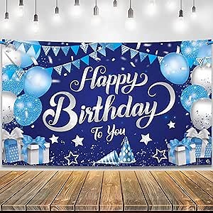 KatchOn Silver and Blue Happy Birthday Banner 72x44 Inch