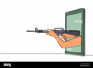 Single one line drawing hand holding M-16 assault rifle through mobile phone. Concept of battle video games, e-sport, entertainment application for sm Stock Vector Image & Art - Alamy