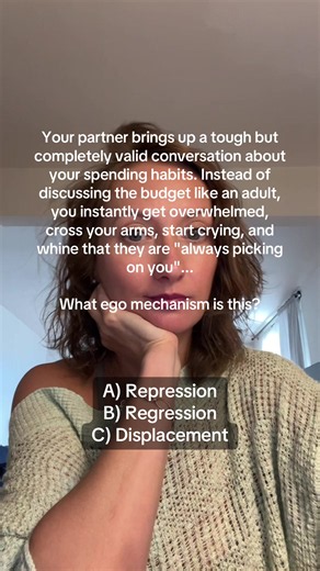 Part 17: Think you know your ego? 🧠 When an adult relationship conversation gets too heavy, the mind can panic and pull a dramatic escape trick. Is this intense emotional breakdown real processing, or is a childhood defense taking the wheel? A) Repression B) Regression C) Displacement The answer is B) Regression. Regression is a psychological retreat. When the adult ego faces a wall of emotional stress, shame, or confrontation it doesn't feel equipped to handle, it temporarily defaults back to 