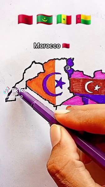 Draw Flag Map of Morocco 🇲🇦, Mauritania 🇲🇷, Senegal 🇸🇳 and Guinea Bissau 🇬🇼 #morocco #senegal #mauritania #guineabissau #westernsahara