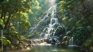 A serene cascading waterfall flows through a lush rainforest, creating a peaceful and beautiful scene A cascading waterfall in a lush forest
