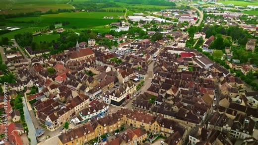Aerial view of the famous French small town of Chablis, where grapes are grown and famous wine is made. Burgundy Region, France