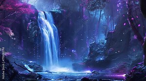 Enchanted Nightfall Cascade: Journey into the depths of a fantasy forest where a mesmerizing waterfall shimmers under theSeamless looping 4k time-lapse virtual video animation background. Generated AI