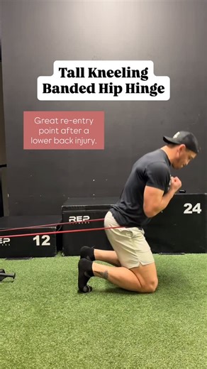 Dr. Tyler Kallasy | Pain & Performance on Instagram: "Tall kneeling banded hip hinge. One of my favorite entry points back into hinging after lower back pain injury or flare-up. Why? 1️⃣ No axial loading So, if external weight still feels sketchy, you can groove the hinge without stacking load on your spine. 2️⃣ Less chance of poking at neural tension. Which means if you’re dealing with sciatica, you can move through the hinge pattern without lighting things up. It’s low risk, but high reward. Y
