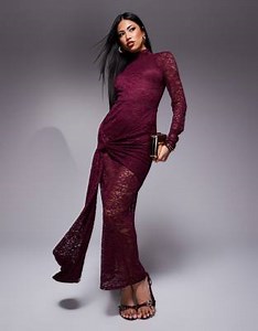 ASOS DESIGN lace long sleeve maxi dress with open back with tie wrap in burgundy | ASOS