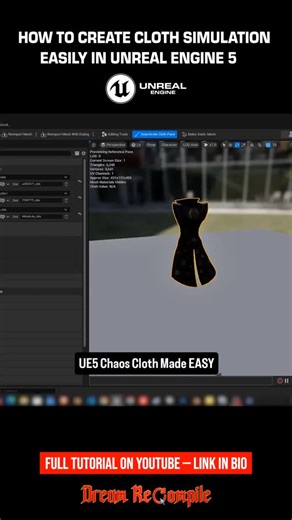 Dream Recompile on Instagram: "How to Create Cloth Simulation Easily with Chaos Cloth in Unreal Engine 5 #unrealengine #unrealengine5 #ue5 #chaoscloth #clothsimulation #gamedevtutorial #groomingartist #realtimevfx #uecommunity #gamedevlife #indiedev #technicalartist #realtimeartist #environmentartist #3dartists #ue5tips #tutorialvideo #learnue5 #instareels♥️"