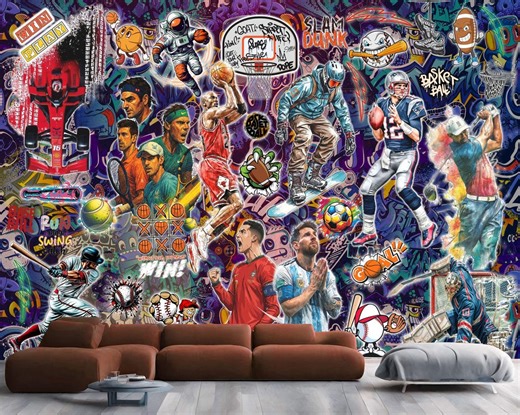Graffiti Sports Mural – Basketball, Baseball, Football Peel & Stick Wallpaper - Etsy