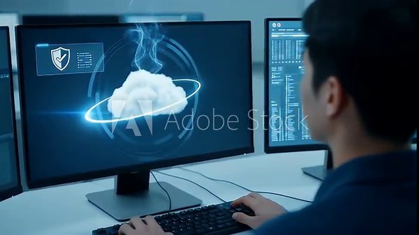 Over-shoulder operator types as a cloud ring completes on screen; a small shield-check pulses forward and dust-like bits drift, signaling backup done