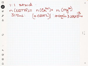 A 100-mL sample of hard water is titrated with the EDTA solution in Problem 2. The same amount of Mg^2  is added as previously, and the volume of EDTA required is 22.44 mL a. What volume of EDTA is used in titrating the Ca^2  in the hard water?  mL b. How many moles of EDTA are there in that volume?  moles c. How many moles of Ca^2  are there in the 100 mL of water?  moles d. If the Ca^2  comes from CaCO3, how many moles of CaCO3 are there in one liter of the water? How many grams CaCOpcr litcr?