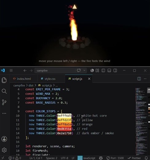 How to create Campfire 🔥 by using HTML,CSS and JAVASCRIPT in VS code.