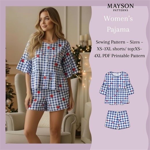 Women Pajama Sewing Pattern PDF | Gingham Pajama Set | Top XS–4XL Shorts XS–3XL | A4 & A0 | - Etsy Canada