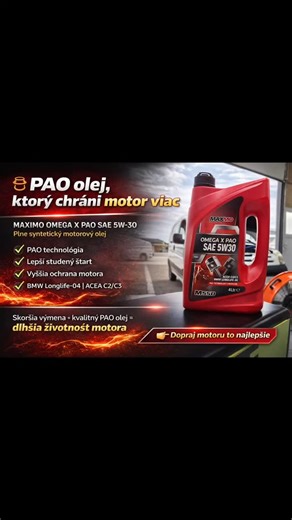PAO technológia v motorových olejoch znamená použitie poly-alfa-olefínov (PAO) ako základového oleja. Stručne: PAO je syntetický základový olej (skupina IV) vyrábaný chemickou syntézou, nie rafináciou ropy. Prečo sa používa: veľmi stabilný pri vysokých aj nízkych teplotách lepšie mazanie pri studenom štarte nižšia spotreba oleja (malá volatilita) dlhšia životnosť oleja lepšia ochrana motora pri záťaži Zjednodušene: Oleje s PAO technológiou sú kvalitnejšie plne syntetické oleje, vhodné najmä pre 