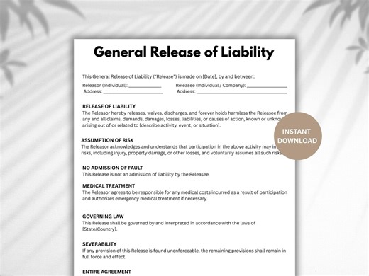 Editable General Release of Liability Form (instant Download) - Etsy