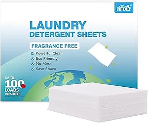 HOMEXCEL Laundry Detergent Sheets Fragrance Free Eco-Friendly, 50 Count, Plastic-Free, Hypoallergenic, Low-Foam, Suitable for HE Washing Machines