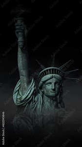 Vertical Liberty Sinking in the Night 4K Loop features a submerged Statue of Liberty in the center of a black atmosphere with a small amount of water reflection and rolling fog around the statue in a