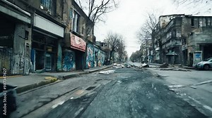dirty street with garbage and old damaged houses, bare trees and graffiti on walls