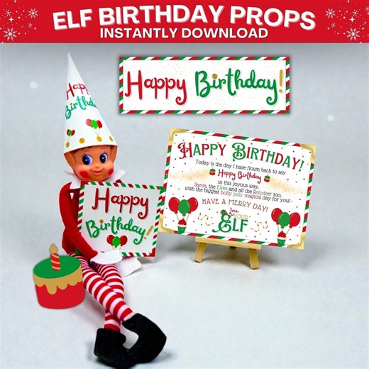 Elf Birthday Printable Kit | Elves Party Decorations | Birthday Card From Elf, Mini Hat, Banner, Sign Cake & Balloon | Instant Download PDF - Etsy