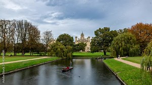 Time lapse view of boats punting on the river Cam in Cambridge