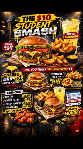 This one for the younger one, the student smash combo, 4oz burger, wedges and lemonade $12 | Flipping Good Burgers