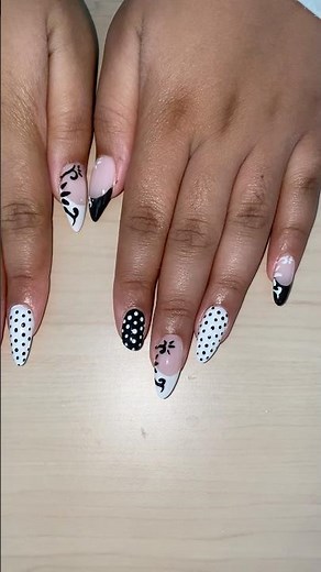 🖤🤍 Medium stiletto nail set w/ black & white designs #nails #nailart #trending # #stilettonails