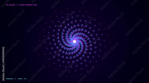 An advanced Augmented Retail Interface pulsating with iridescent purple geometry and glowing data nodes creates a sophisticated digital map of a futuristic commercial network