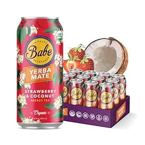 Babe Organic Yerba Mate Energy Drinks | 150mg Plant-Based Caffeine | Natural Yerba Mate Tea with No Crash, No Jitters - Strawberry Coconut (12 x 16oz Cans)