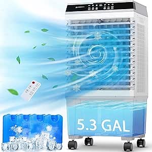 Swamp Cooler, 1800CFM Portable Evaporative Air Cooler, Cooling Fan for Room Garage Patio, 5.3 Gal Water Tank, 3 Speeds, 4 Ice Boxes, 12H Timer, Remote
