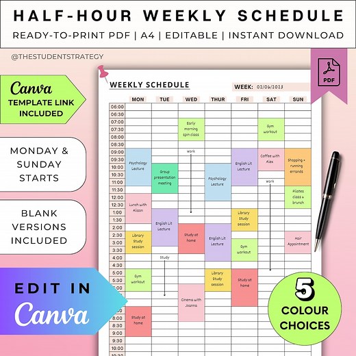 Half-hour Weekly Schedule | Printable Timeblocking Template | Week at a Glance | Weekly Hour Tracker | Canva Editable | A4 Digital PDF - Etsy