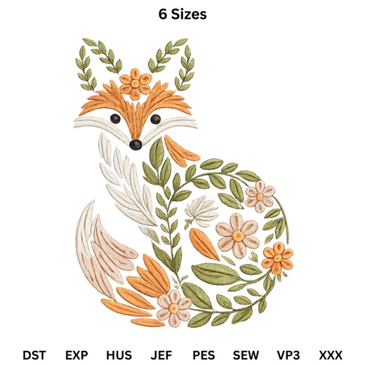 Floral Fox Machine Embroidery Design, Flowers Fox Embroidery Pattern, Trendy Embroidery Digital Download - Etsy
