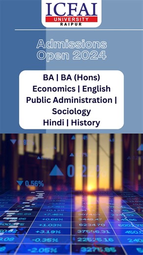 🎓 Admissions Open 2024 🎓 Enroll in our distinguished BA and BA (Hons) programs at The ICFAI University, Raipur: Economics English Public Administration Sociology Hindi History 📚 Eligibility Criteria: Pass in Class XII or equivalent (any discipline) with a minimum of 40% aggregate marks. Students awaiting final examination results may also apply. Start your academic journey with us and explore a world of opportunities in the arts and humanities. 📅 Apply Now and secure your place in our vibran