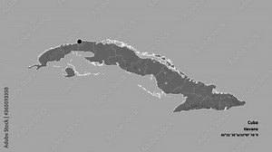 Santiago de Cuba, province of Cuba, with its capital, localized, outlined and zoomed with informative overlays on a bilevel map in the Stereographic projection. Animation 3D
