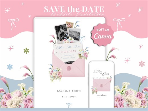 Soft Pink & Powder Blue Save the Date Website Invitation | Floral Wedding Invite With RSVP | Editable Canva Digital Invitation - Etsy
