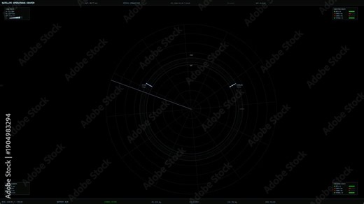 HUD animation showing radar data and status updates in a dark environment with circular graphs and readings