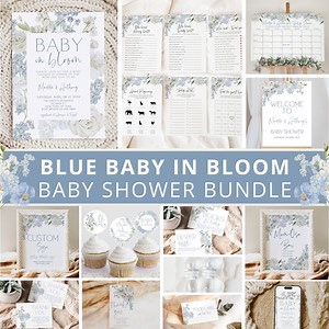 Blue Baby in Bloom Bundle, Blue Baby in Bloom Baby Shower Invitation, Blue Floral Baby Shower, Blue Baby Shower Decor, Boy, Template - Etsy