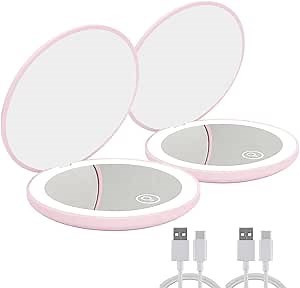 Compact Mirror with Light, LED Lighted Travel Makeup Mirror 1x/10x Magnifying Mirror Rechargeable Portable Pocket Mirror 3.5in Double Sided Folding Round Mirror for Handbag, Purse(2 Pack)