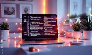 Night coder's desk, coding screen, home office, glowing lights, software development