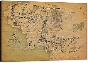 GUTTATY Middle Earth Map Canvas Wall Art - HD Print Retro Vintage Map Poster Framed Artwork (12" Hx18 W)