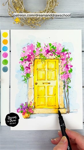 🌸 How to Draw a Door with Flowers Watercolor Sketch Tutorial #watercolorsketch #watercolor