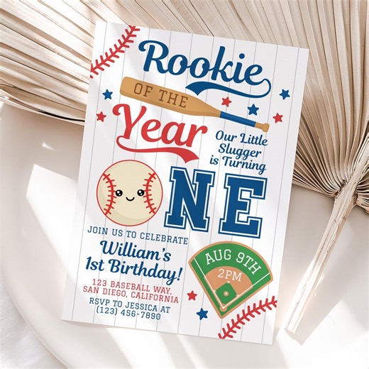 Baseball First Birthday Invitation, Rookie of the Year Birthday Invite, Sports 1st Birthday Party for Kids, Edit With Canva - Etsy