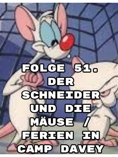 Folge 51. Der Schneider und die Mäuse /​ Ferien in Camp Davey .. Bevor sie im Labor lebten, haben Pinky und der Brain in einem kleinen Dorf bei einem Schneider gewohnt. Dieser liebte seine Mäuse, doch zeigte seine Zuneigung auf seltsame Art … /​ In einem Ferienlager für die Kinder der weltweit wichtigsten Personen fehlt es an geeignetem Personal. Kein Wunder, denn der Brain hat die meisten von ihnen ausgeschaltet #kindheitserinnerungen #zeichentrickfilm #pinky quelle : PRO SIEBEN, DISNEY CHANNEL